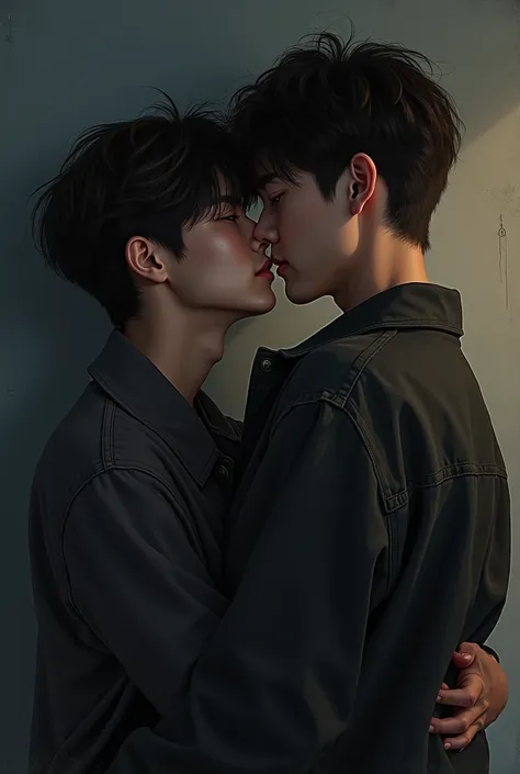 A hot dark film/book drawing scene image reffering to the lyrics "you belong to me" (by the weeknd) with an asian boy and asian boy (gay, boyfriends)