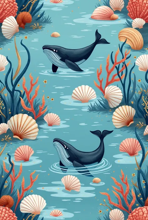 Can you make a repeated motif for my textile assignment. I need the repeated motif to have sea shells, whale and sea weeds 