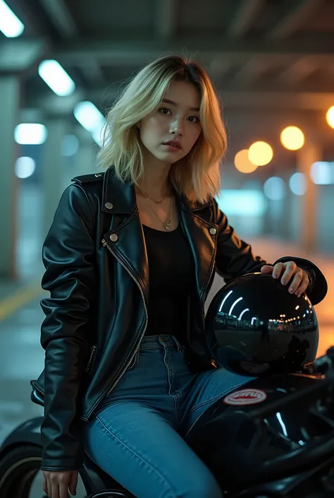 a young adult korean woman, she has mid-length blonde hair, she wears a black leather jacket and blue jeans, sitting on a motorcycle in a parking lot, she holds a helmet in her hand, 4K HDR photography