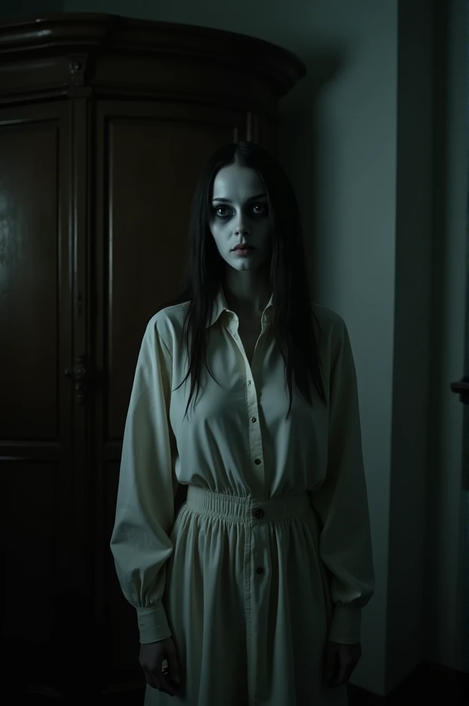 ((best quality)), ((masterpiece)), (detailed), perfect face. the figure of a pale-skinned female ghost in 1980s-era clothing, empty black eyes, standing in the corner of a large room, next to the old wardrobe, dark night.