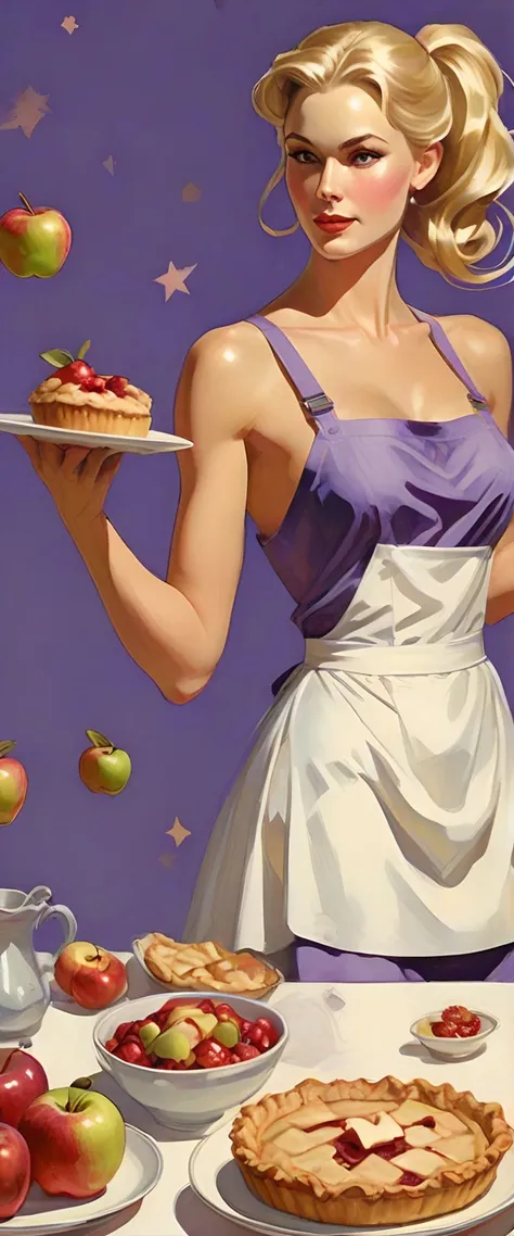 there is a woman holding a plate of pies and apples, inspired by Art Frahm, pinup art, kenton nelson, artstyle : ilya kuvshinov, beautiful retro art, baking artwork, inspired by Tom Lovell, part leyendecker style, artgerm and gil elvgren, inspired by Steva...