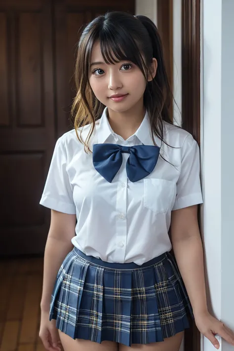 masterpiece, best quality, mikuru1, asahina mikuru, jkblazer1, 1girl in school uniform, solo, (curvy:1.4), (gal:1.2) (dark skin:1.4), plump, collared shirt, white shirt, short sleeves, (blue ribbon bowtie), blue skirt, pleated skirt, plaid skirt, medium br...