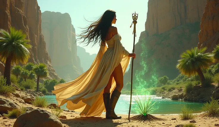 fantasy art, RPG art, a female druid in an oasis in the desert, a beautiful human druid, cleric of nature, dark hair, long hair, tan skin, wearing long robe, small cleavage, wearing high heel boots, holding a staff, casting a green magical spell. planting ...