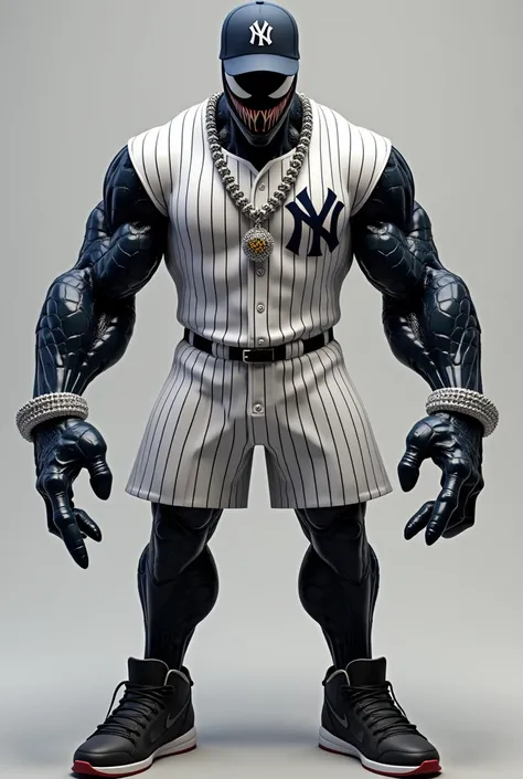 Venom spiderman with Yankees jersey. Hes also wearing a Yankees cap with diamond chains on with a pair of black Jordan