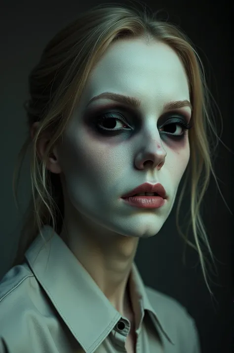 ((best quality)), ((masterpiece)), (detailed), perfect face. the figure of a pale-skinned female ghost in 1980s-era clothing, empty black eyes. scary.