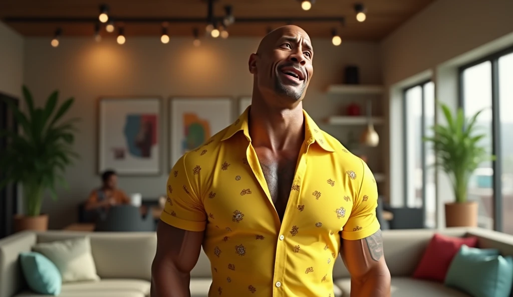 Create an image of Dwayne Johnson standing in a modern lounge, with a noticeably shorter height than usual. He’s wearing a bright, colorful yellow shirt with fun patterns. His face is turned upward, looking directly into a camera fixed on the ceiling. His ...