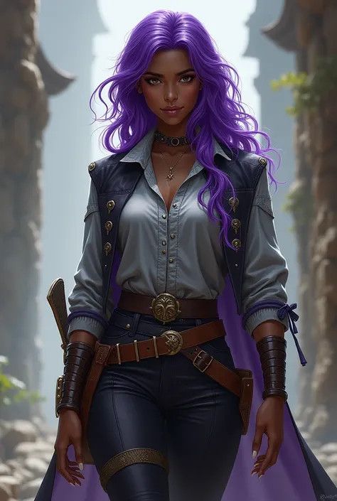 rpg de mesa, Gray blouse with purple and black, hair with purple highlights, Closed calf pants, skin black