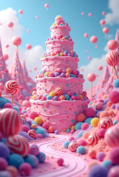 candy landscape with a pink cake