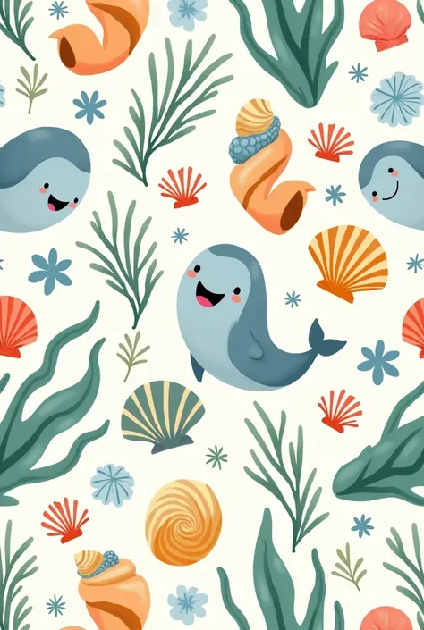 I need easy to paint cartoon repeated motif to have sea shells, whale, seaweeds