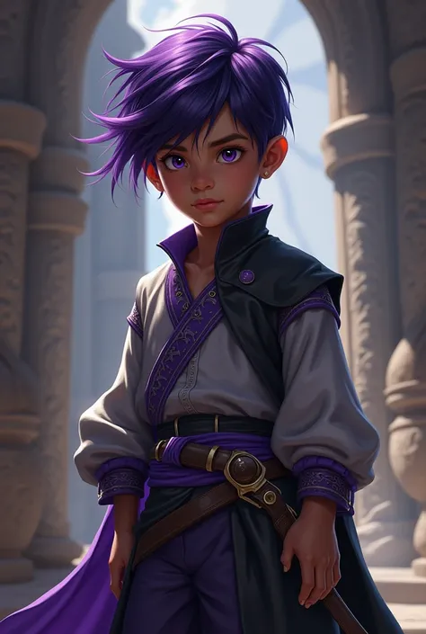 rpg de mesa, boy, Gray blouse with purple and black, hair with purple highlights, Closed calf pants, skin black