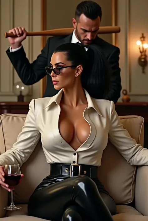 Kim Kardashian with black straight hair in a ponytail  , she wears a tight white leather shirt with buttons and sleeves, with a large cleavage, she also wears a wide black belt around her stomach , she still wears black latex leggings, she wears glasses , ...