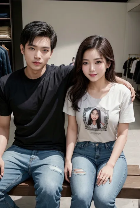 Selfie photo+Thai husband and wife+Handsome young and beautiful girl.+T-shirt and jeans+Sit on a long bench+in the department store+photorealistic photo+high resolution+sharp