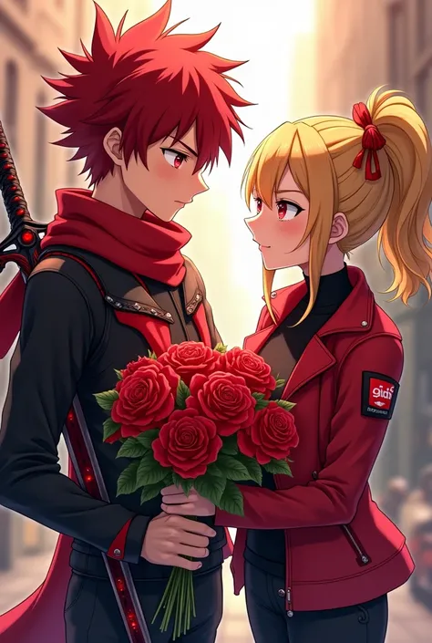 An anime-style boy character with striking red hair, styled in a spiky and slightly tousled manner. The character has intense red eyes that convey a sense of determination and mystery. They are dressed in a dark outfit with red accents, including a red and...