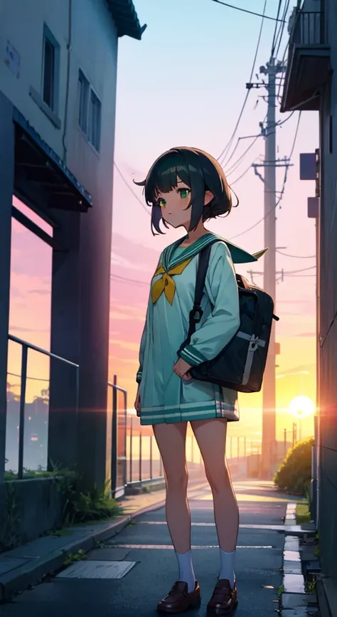 Narrow Alley,Sunset sky,Green sailor suit on upper body,School bag,Lower body naked,pussy,confused girl