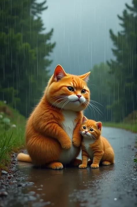 The orange chubby cat and his equally chubby sonWithout warning, dark clouds roll in, and raindrops begin to fall. The sky grumbles with distant thunder as the drizzle turns into a downpour. The road becomes slick and muddy, and the trees seem to whisper w...