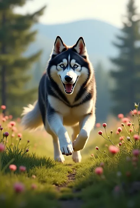 "Create a high-resolution image of a husky dog running in a natural outdoor setting."
