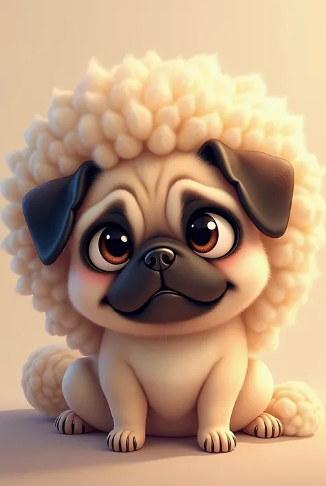 create a pic of a pug with fluffy little curly hair face
