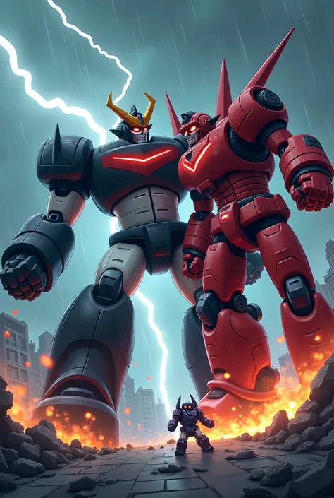 3d cartoon pixar style, Scenes of a fusion of two  monster robots wearing a black round body steel robot armor n a Majinger z robot combined with a terrifying hellish monster fighting against a cute monster robot the gigantor on the streets of a strange, b...