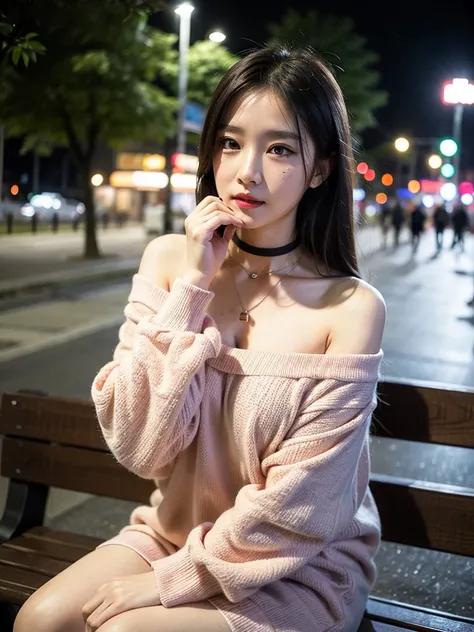 Sitting on a bench at night, snow on the ground, shy, beauty spot on chin, wearing a loose oversized hoodie, off the shoulder, fishnet leggings, hypebeast fashion, sexy thighs, side pose, small mole on the chin, blushing, neon lights in the background, det...