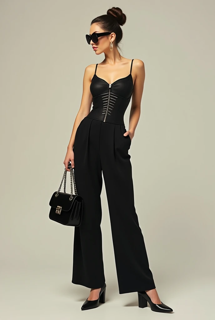 girl wearing a classy consisting a black, stripped corset, seeing her curves, with black high waist trousers, and black leather plumps. As well as black retro cat eye, sunglasses and a black Dior shoulder bag