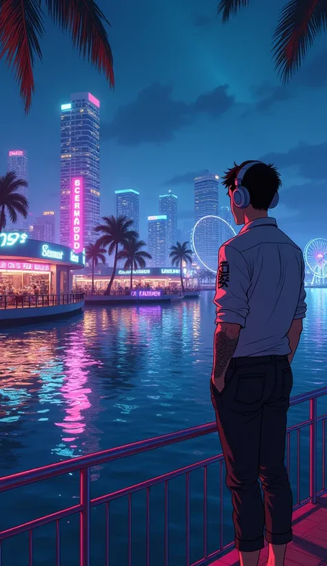 anime illustration of Photo of a man standing in the yach and watching the view of anime cyberpunk Miami Bayside market , neon lights, miami vice vibes, , Ferris wheel at far away, with stars and roller coaster at far away listening to music wearing headph...