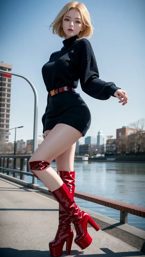 Close shot, beautiful tall girl, 2, flowing short bob blonde hair, blue eyes, red long sweater, high heels, platform thigh high patent leather black boots, standing on a footbridge.