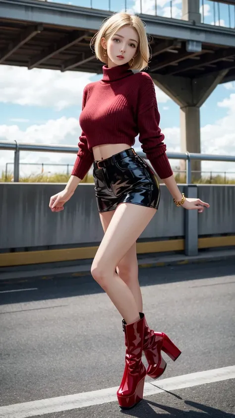 Close shot, beautiful tall girl, 2, flowing short bob blonde hair, blue eyes, red long sweater, high heels, platform thigh high patent leather black boots, standing on a footbridge.