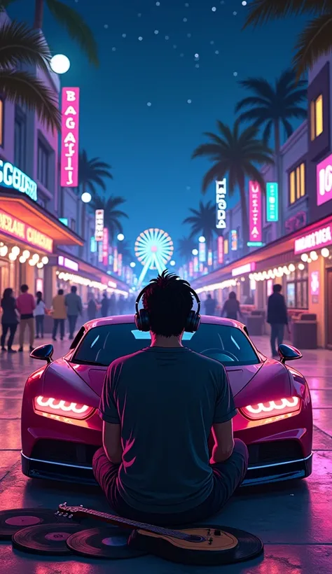 anime illustration of Photo of a man sitting inside the Bugatti car in the road and watching the view of anime cyberpunk Miami Bayside market , neon lights, miami vice vibes, , Ferris wheel at far away, with stars and roller coaster at far away listening t...