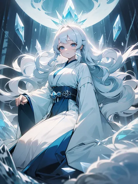 1 girl, big boobs, Light blue eyes, gray eyes, White hair, Long hair, pale face, wavy hair, Old fashioned clothes, japanese clothes, elegant,shiny hair, asymmetrical hairstyle, Flipped Hair, Blue Grey White Color Theme, sad, in forest, Mond, kneeling, Litt...