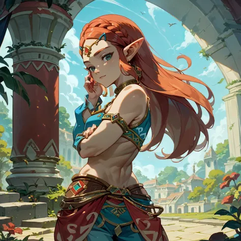 ((Highest quality)), ((masterpiece)), (detailed), （Perfect Face）、The woman is Princess Zelda, with khaki skin, red hair, a provocative red Gerudo outfit, a Gerudo hairstyle, and an engagement ring.