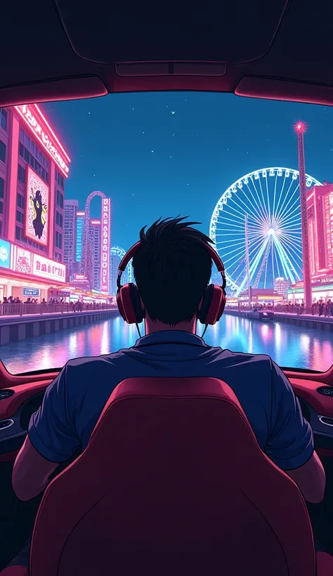 anime illustration of Photo of a man sitting inside the Bugatti car (no water) and watching the view of anime cyberpunk Miami Bayside market , neon lights, miami vice vibes, , Ferris wheel at far away, with stars and roller coaster at far away listening to...