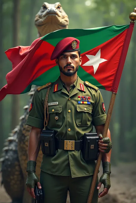 Timor-Leste Solider with Timor-Leste flag and Crocodile as a background