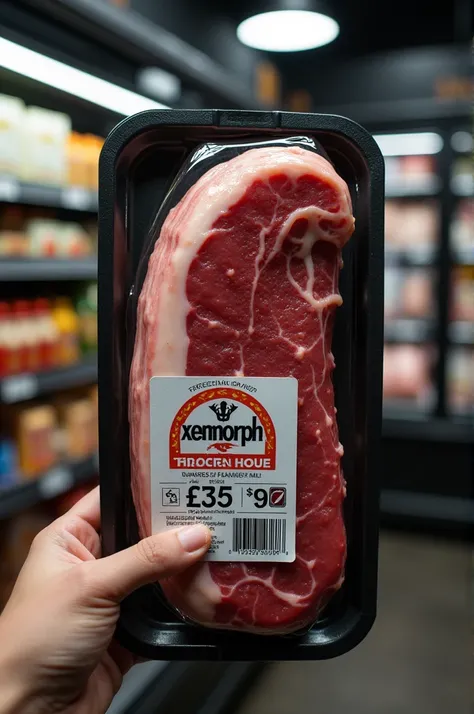 Alien Queen meat, packaged like as if from a supermarket, the word "xenomorph" next to a barcode and priced at "£35.99"