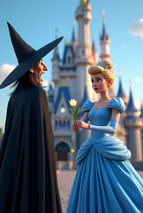 /image .The witch, shocked and defeated, witnessing her curse being undone crying .blue dress beautiful Cinderella standing strong and resolute, holding the glowing flower infront of castle.hyper-realistic,8k ultra HD, Pixar style, disney style, cinema 4d ...