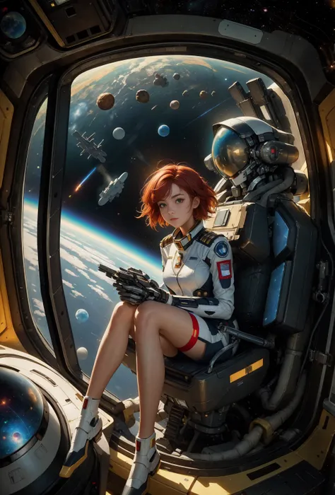 absurd solution, high resolution, (masterpiece: 1.4), hyper detail, 1 young woman, short red hair, pilot suit, rich princess, si...