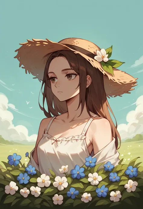  Straw Hat Girl, Brown Hair, Hydrangea flowers, nostalgic, Simple scenery, Expressionless, Plain background