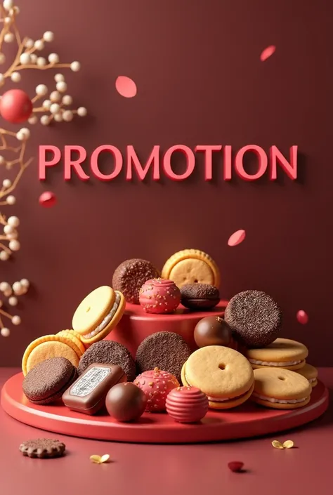 Create a promotional image in A4 portrait format with a modern 3D style. The image should showcase biscuits and sweets prominently, with the word PROMOTION in large letters. The dominant colors will be brown, chocolate, and red, evoking indulgence and eleg...