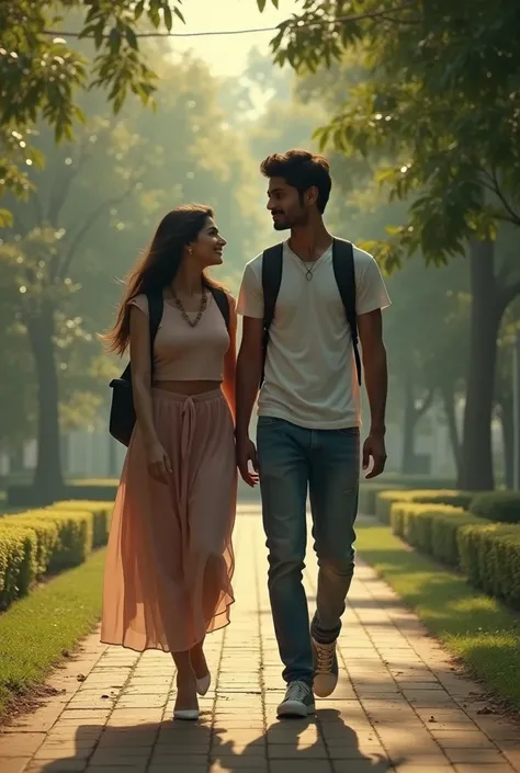 A college boy somewhat similar to allu arjun,walking behind a girl on a campus path. The boy is looking at the girl with a loving, hopeful expression, while the girl is slightly turning her head away, seeming to avoid his gaze. The scene should capture a s...