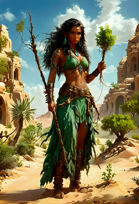 fantasy art, RPG art, a female druid in an oasis in the desert, a beautiful human druid, cleric of nature, dark hair, long hair, tan skin, wearing long robe, small cleavage, wearing high heel boots, holding a staff, casting a green magical spell. planting ...