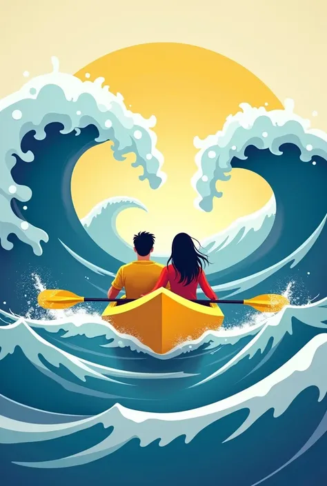 A logo for the cover of a music track is a yellow kayak with a guy and a girl in large waves, with the title "True Love" at the top, designed in a minimalist style.