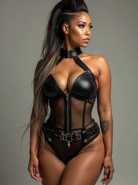 30 + desi Indian-Hatian cute milf bodysuit show booty: by DynastySeries: RTX: tan + eggshell fabric: Large Buttocks:: gradient long hair fade asymmetrical mohawk: covered in mesh: accessories: zippers belts clasps latches buckles: