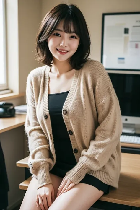 Masterpiece, photo quality, (high resolution photo: 1.4), Japanese woman, Cardigan, cotton tight skirt, beautiful thighs with skin tone, bob hair, smile, droopy eyes, gentle eyes, bangs, office, perfect lighting,