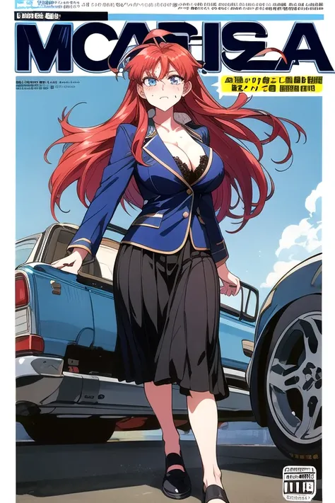 masterpiece, Highest quality, High resolution, Redhead＿Straight Long Hair、Ahoge、blue eyes、　1990s (style),、(Big Breasts)、Sweating all over the body、vapor、、Magazine Cover、Bright Sun、Full body image、Navy blue blazer uniform、Micro Mini Pleats Skirt、Black lace ...