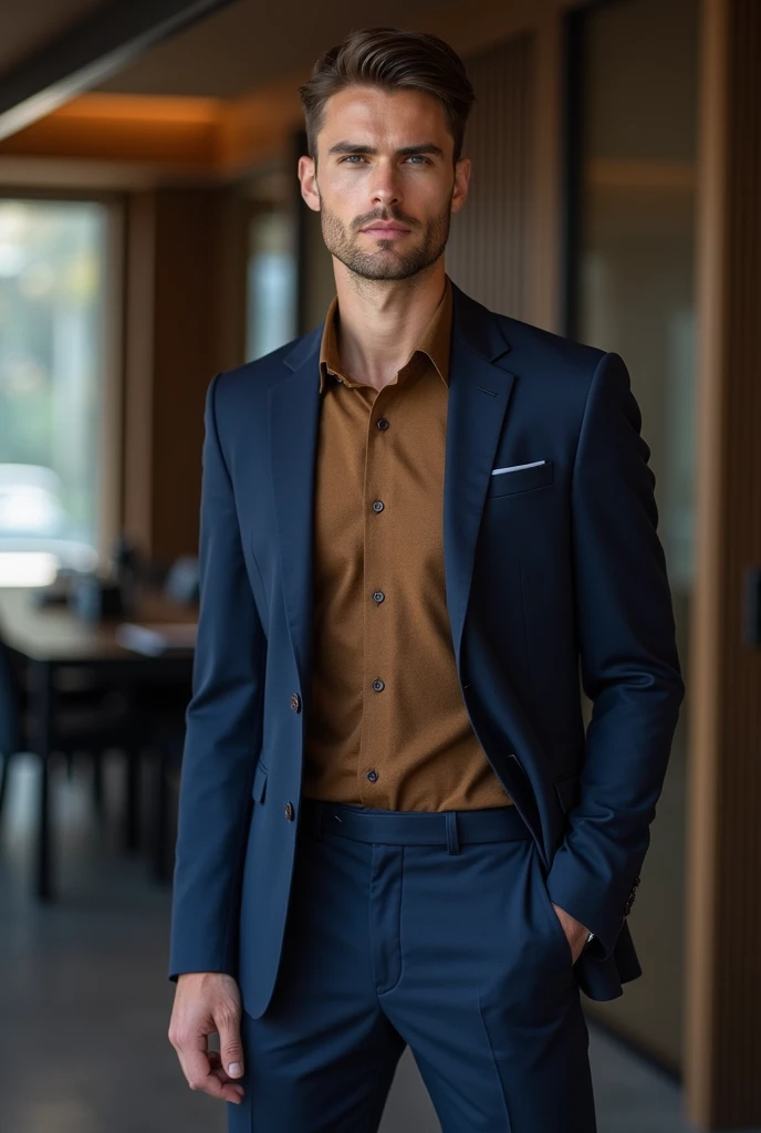 wearing a navy suit with a darkcaramel shirt