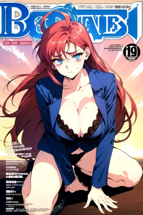 masterpiece, Highest quality, High resolution, Redhead＿Straight Long Hair、Ahoge、blue eyes、　1990s (style),、(Big Breasts)、Sweating all over the body、vapor、、Magazine Cover、Bright Sun、Full body image、Navy blue blazer uniform、Black lace bra、Black Thong