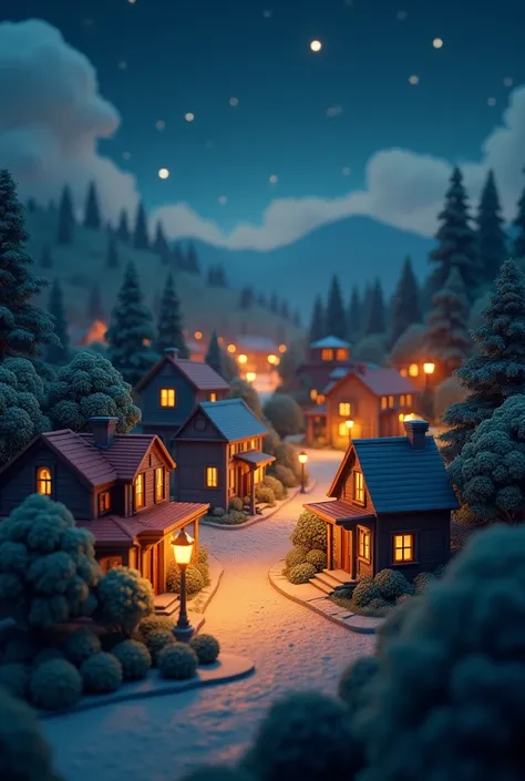 Landscape of a small town at night, and 3d