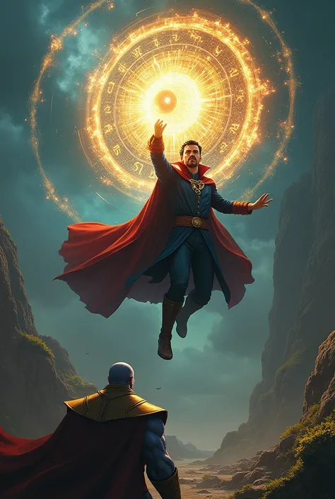 Dr strange using eye of agomotto against Thanos irealistic image  
Green them Dr strange using it against Thanos
Thanos watching from down Dr strange is flying 
Dr strange is wearing eye of agomotto  around his neck 