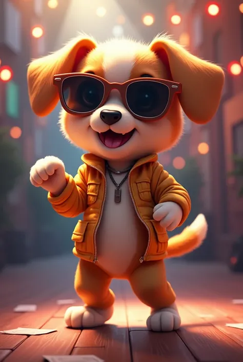 Draw a hip-hop style dancing dancer puppy character. He is wearing sunglasses and dancing on stage, giving off a gentle vibe. He is cute.