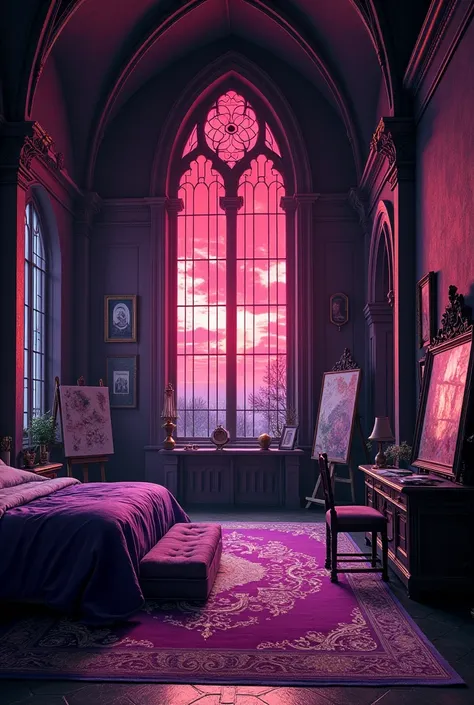 Big Gothic style bedroom with Art supplies. Sky at the window is red. Room has purple accents.