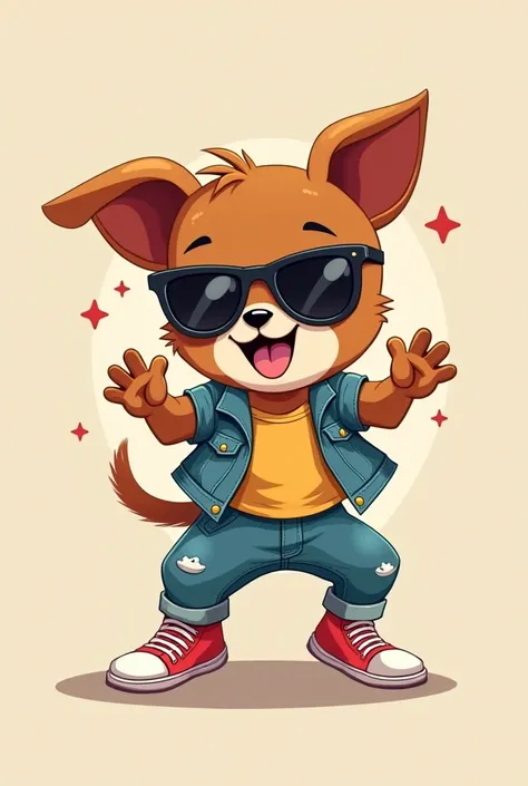 Please draw a hip-hop style dancing dancer puppy character. He is wearing sunglasses and dancing on stage. He looks innocent. He is cute. Please draw him simply like I drew him.